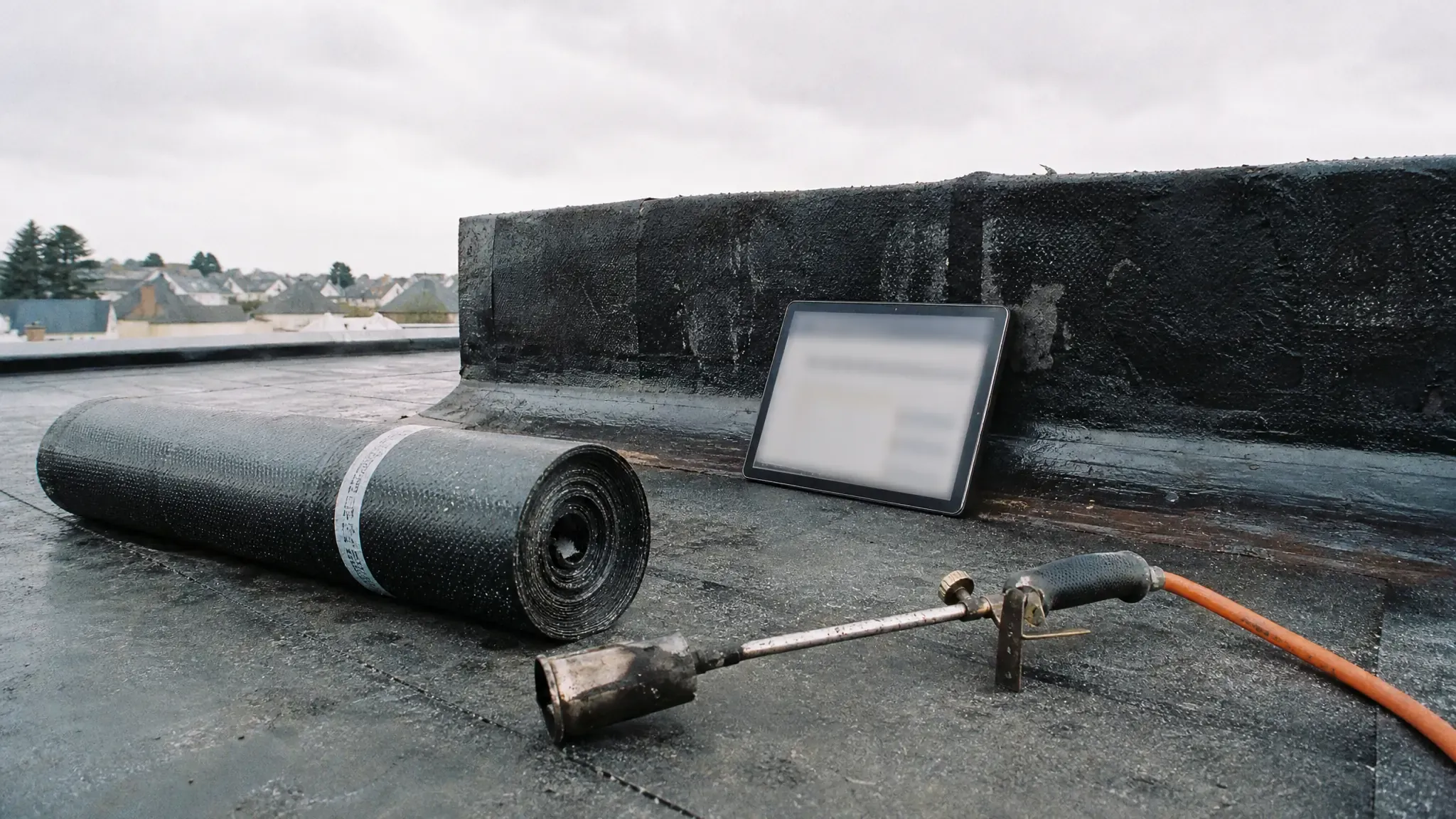 Illustration : rouleau de membrane bitume et tablette sur un toit-terrasse